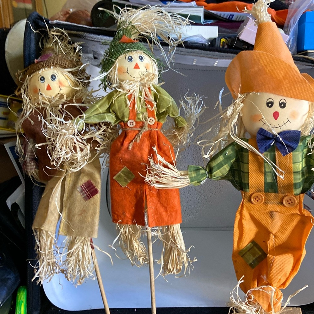 3 scarecrow pieces all orange brown and green and straw on wood dowels
